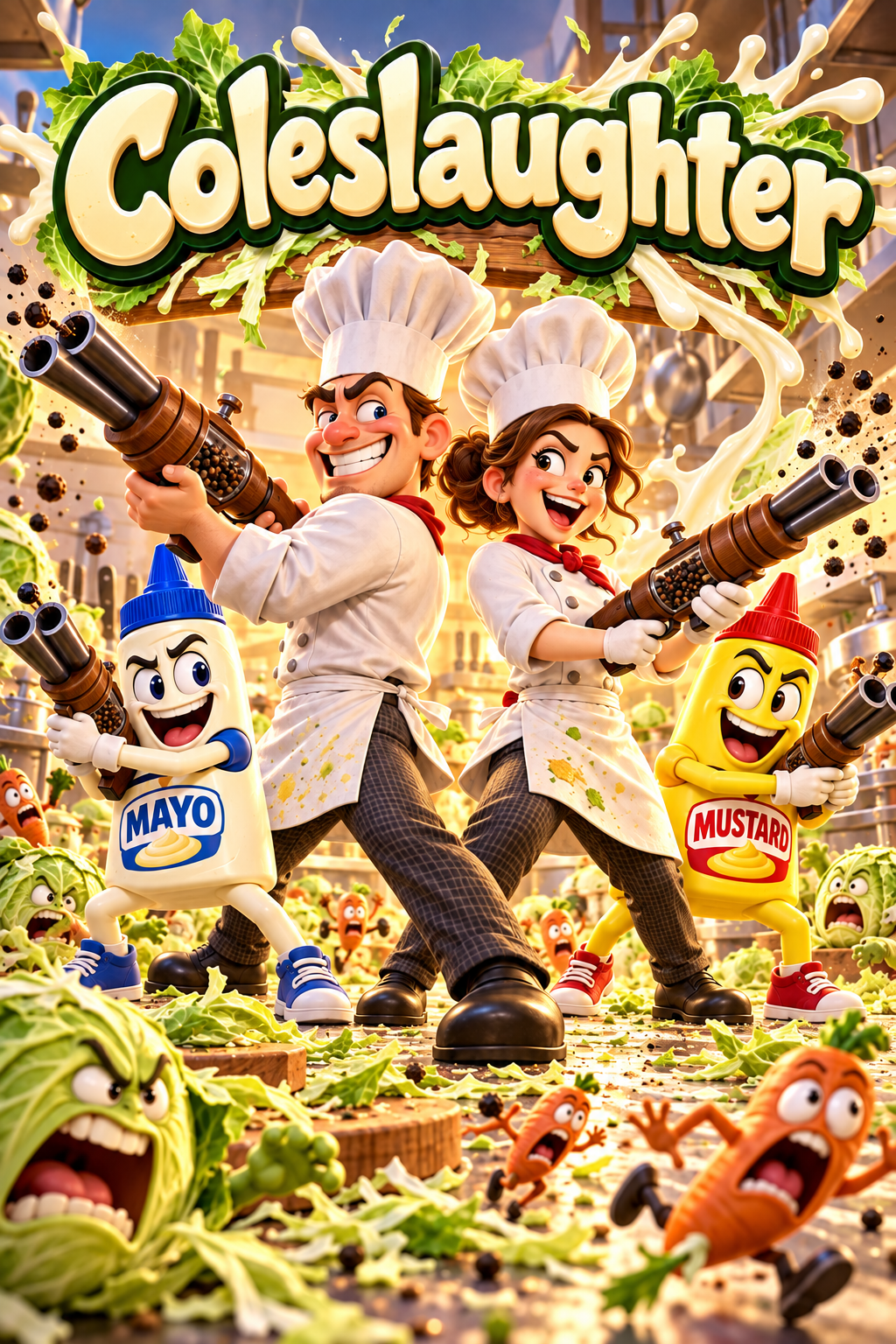 ColeSlaughter artwork featuring two cartoon chefs with mayo and mustard allies carrying pepper guns, surrounded by vegetables in a chaotic kitchen.
